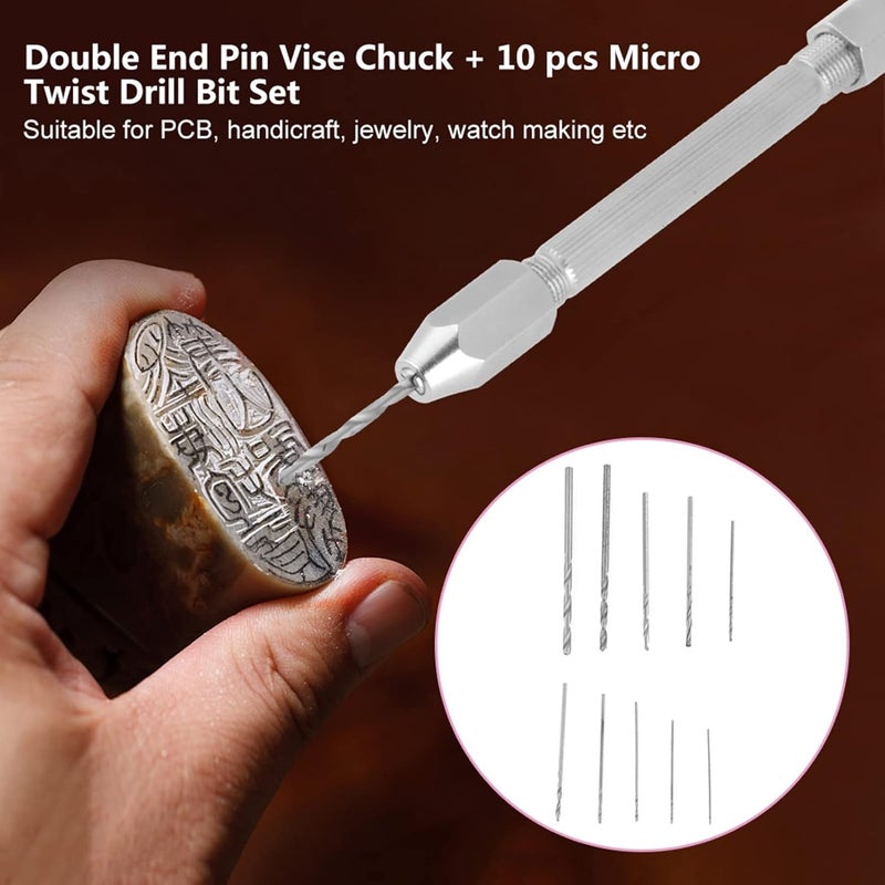 woobles Double End Hand Drill Set, Hand Drill Bits Set Silver Hand Drill with 10 Pcs Precision Pin Vise Micro Twist Drill Bits for Making Artwork Crafts Hanging Jewelry - Image 2